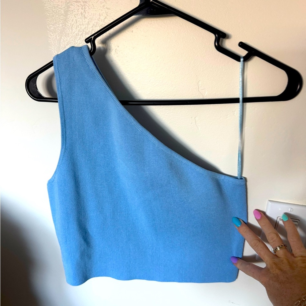 VICI One-Shoulder Light Blue Ribbed One Shoulder Crop Top